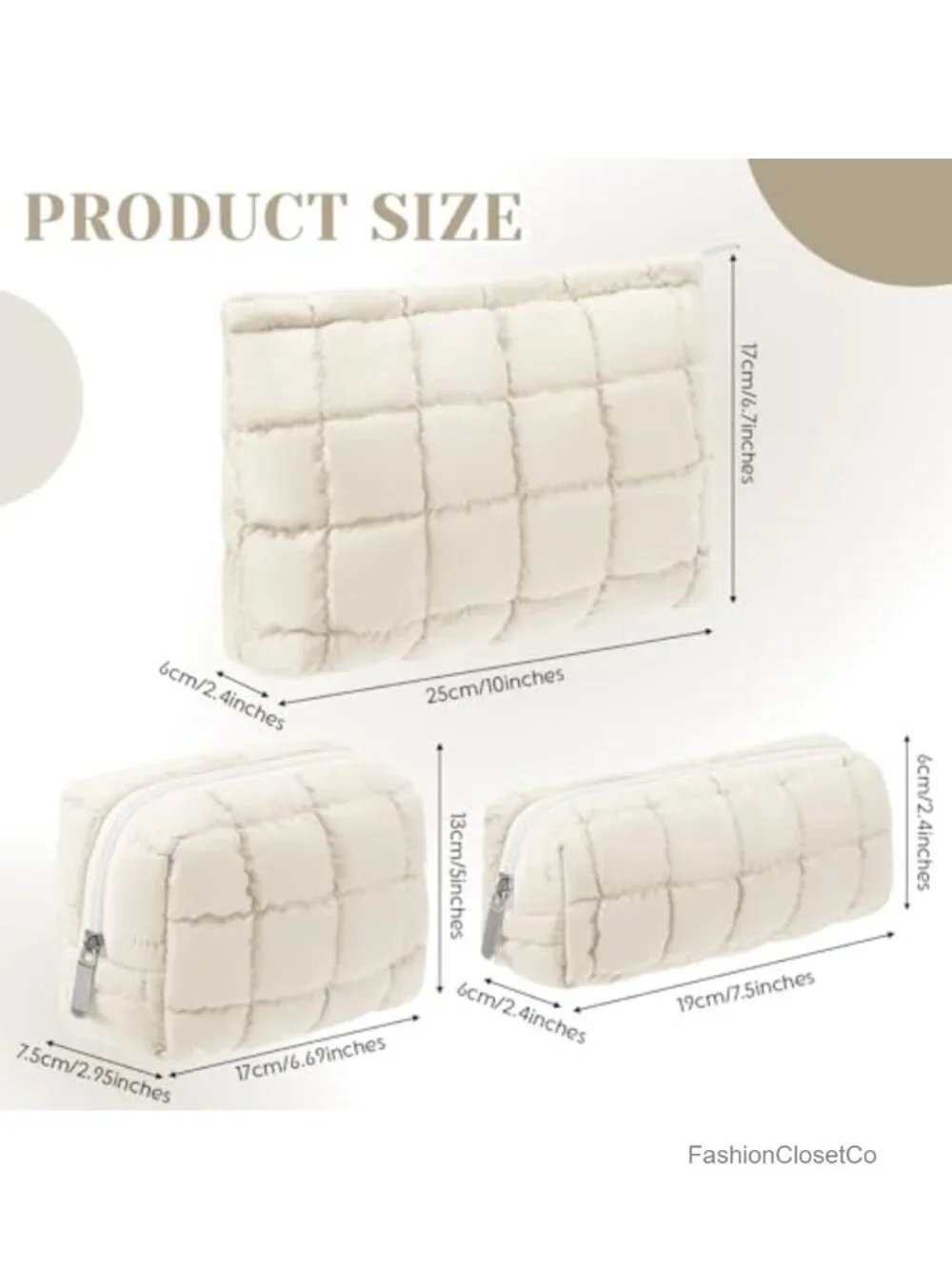 Puffy Quilted Cosmetic Pouch Set - 3 Pack Checkered Travel Makeup Bag Puffer